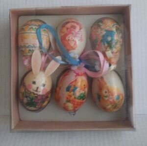 Easter Eggs Ornaments Paper Mache  Vintage Decorations in original box Lot of 6